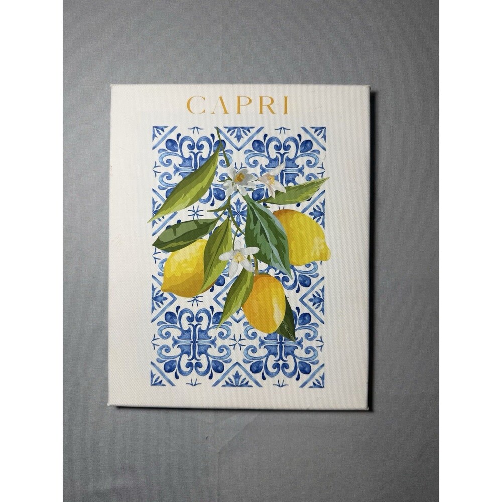 Capri Lemon Canvas Wall Art Blue White Tile Print Italian Kitchen Decor